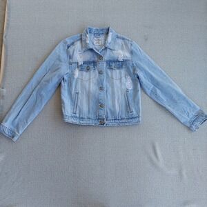 Love Tree Denim Jacket Womens Medium Light‎ Blue Distressed Trucker Jean Coat
